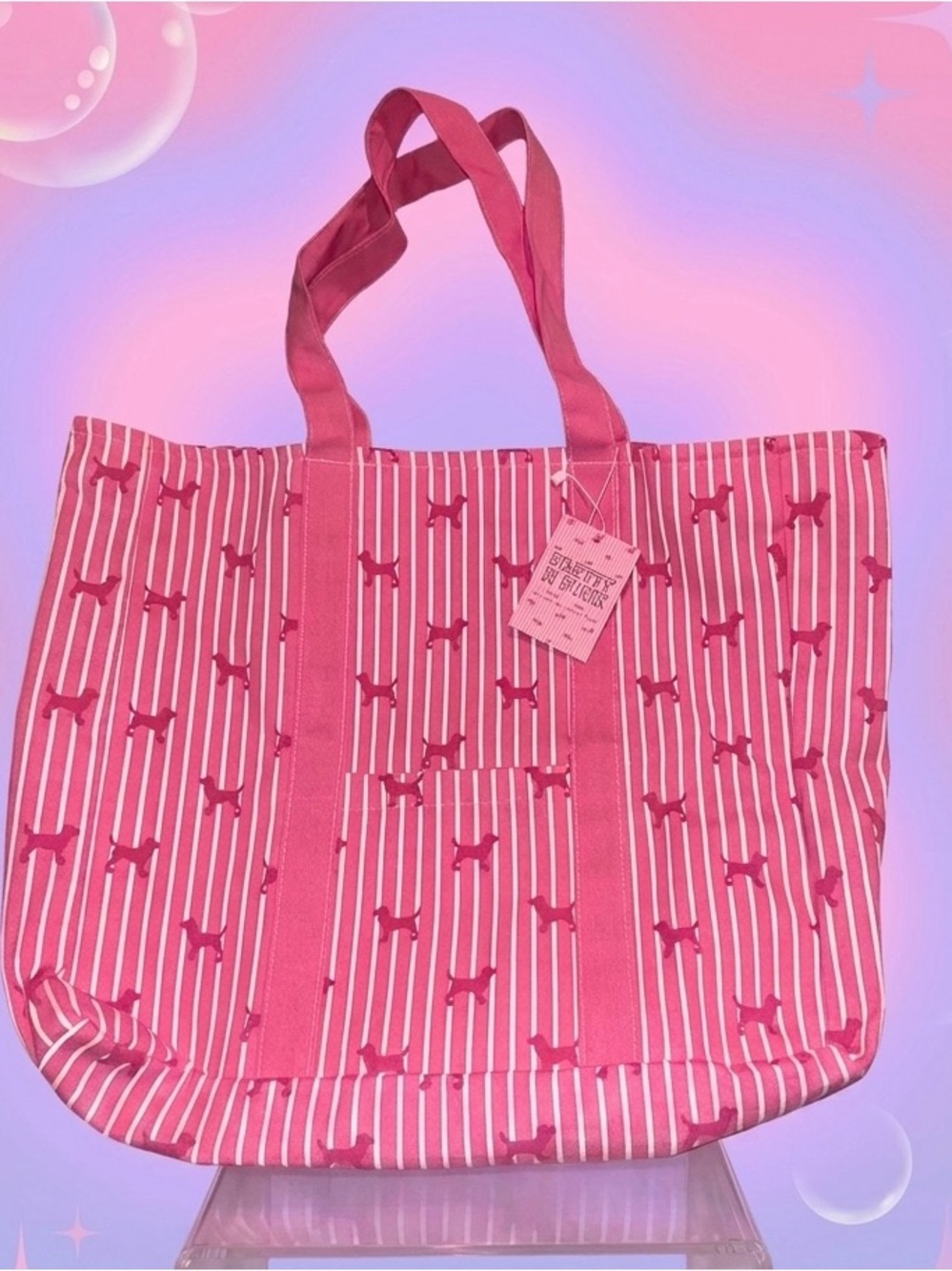 Striped Pink Dog-Print Tote Bag with Dual Shoulder Straps